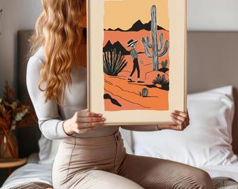Boho Skeleton Poster | Western Minimalist Desert Wall Art in Terracotta with Bold Cactus Linework, A Unique Print for Dorm Room or as a Gift
