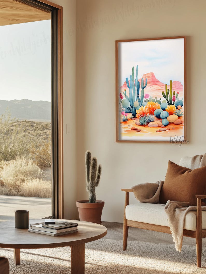 Desert Cactus Wildflower Poster – Watercolor Landscape Wall Art Print ...