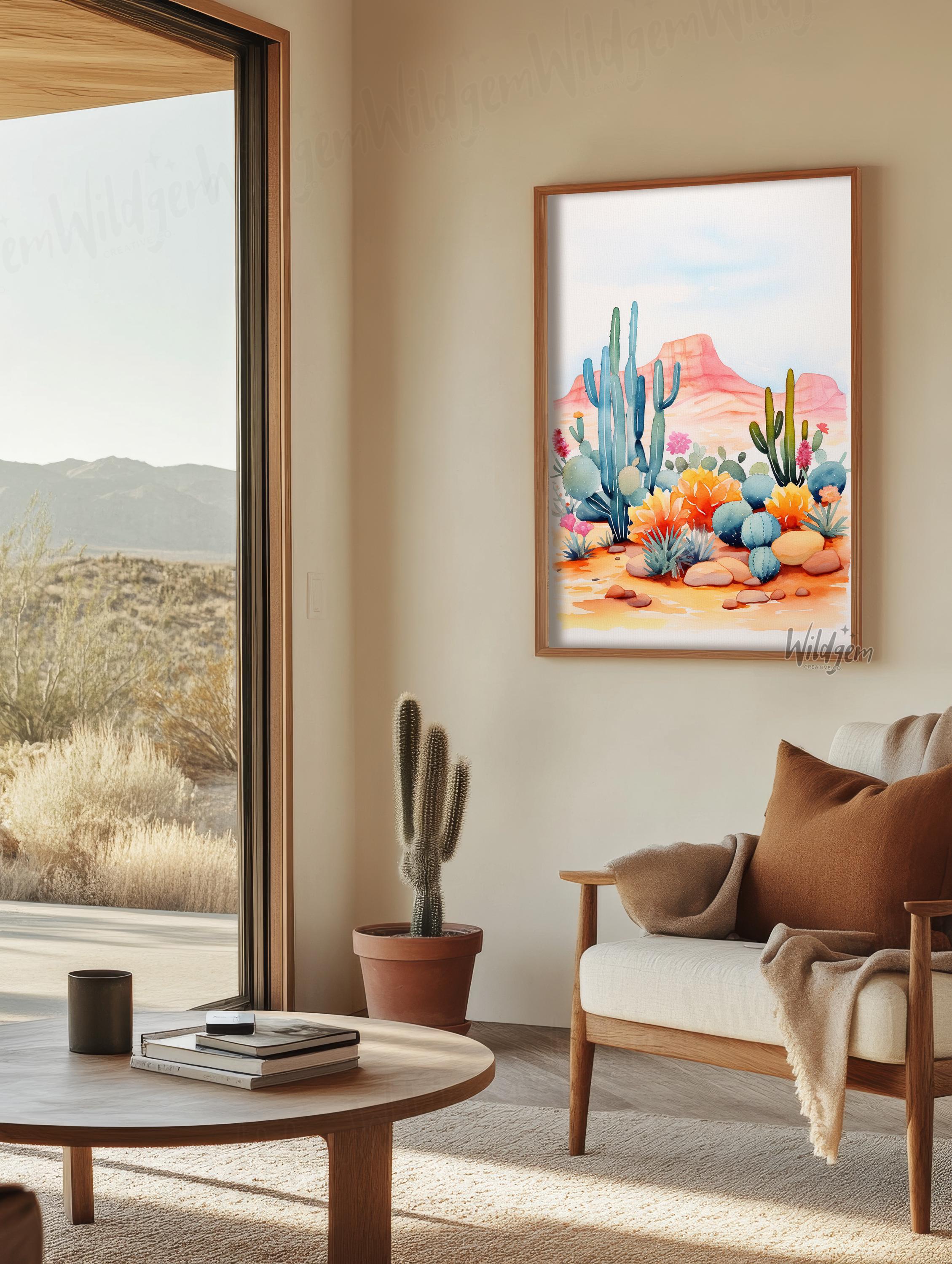 Desert Cactus Wildflower Poster – Watercolor Landscape Wall Art Print ...