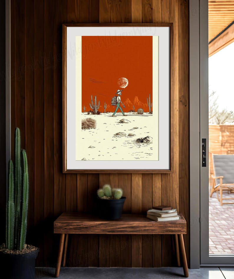 The artwork styled above a rustic wood bench surrounded by tall cactus plants and woven baskets, creating a natural southwestern entryway display.