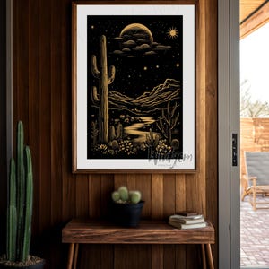 The art piece hanging on a warm wood-paneled wall above a bench with cactus decor and southwestern pottery.