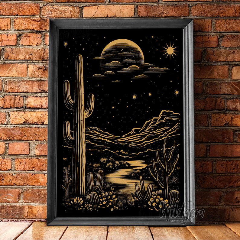 The framed print leaning against a red brick wall in natural light, surrounded by earthy textures for a warm, rustic feel.