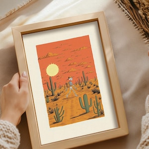 Skelett Kaktus Poster | Retro Western Western Desertcore Wandbild mit terrakottafarbenem Terrakottahimmel, surrealer Sonne und Strichzeichnung für den Eingangsbereich oder Wohnheim
