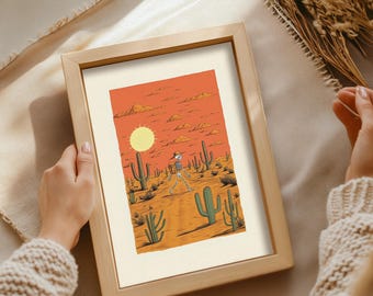 Skeleton Cactus Poster | Retro Western Desertcore Wall Art with Bold Terracotta Sky, Surreal Sun and Line Drawing Print for Entryway or Dorm