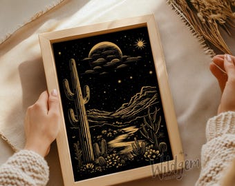 Black and Gold Cactus Desert Poster – Western Night Landscape Wall Art Print – Retro Boho Southwestern Artwork for Home Decor