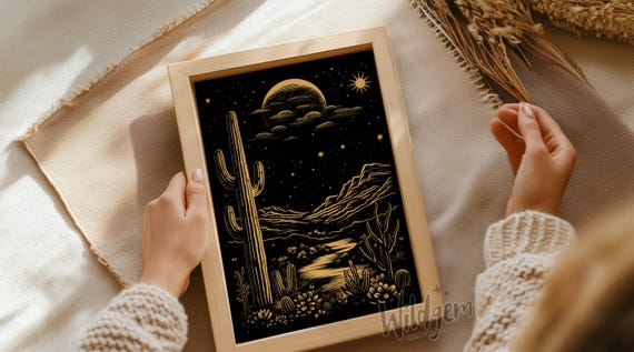 Black and Gold Cactus Desert Poster – Western Night Landscape Wall Art Print – Retro Boho Southwestern Artwork for Home Decor