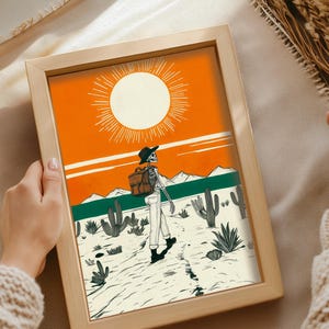 Southwestern Skeleton Wandkunst | Surreales Wüstenposter mit Riesensonne, grünen Bergen und Kaktuslinienzeichnung für ein lebendiges Wohndekor