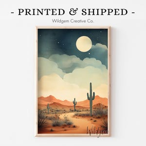 Moonlit Desert Poster | Southwestern Boho Wall Art with Cactus and Mountains, Full Moon Print for Home Decor or Gift for Her