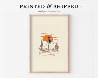 Minimal Skeleton Print | Western Desertcore Line Drawing, Orange Sunset, Landscape Faded Ink Detailing Art, Minimal Dorm Room Styling Decor
