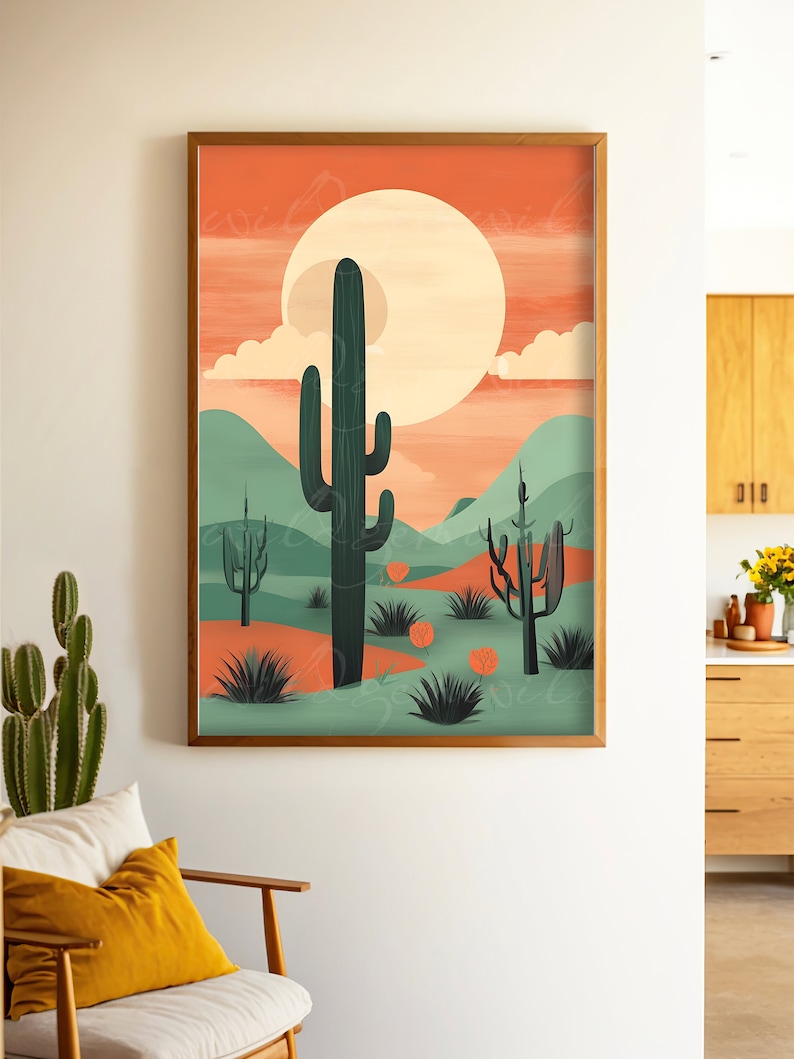 Large Cactus Poster Boho Desert Print Boho Bedroom Decor, Southwestern Desert Original Wall Art, Mid Century Modern Wall Print Home Decor image 3