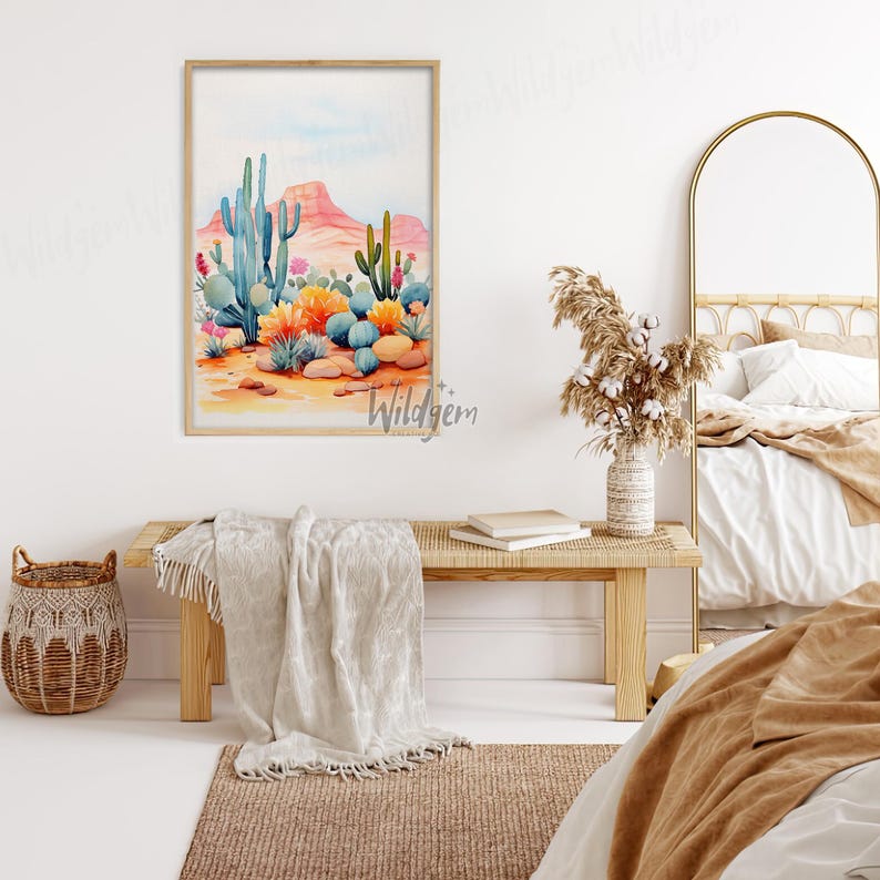 Desert Cactus Wildflower Poster – Watercolor Landscape Wall Art Print ...