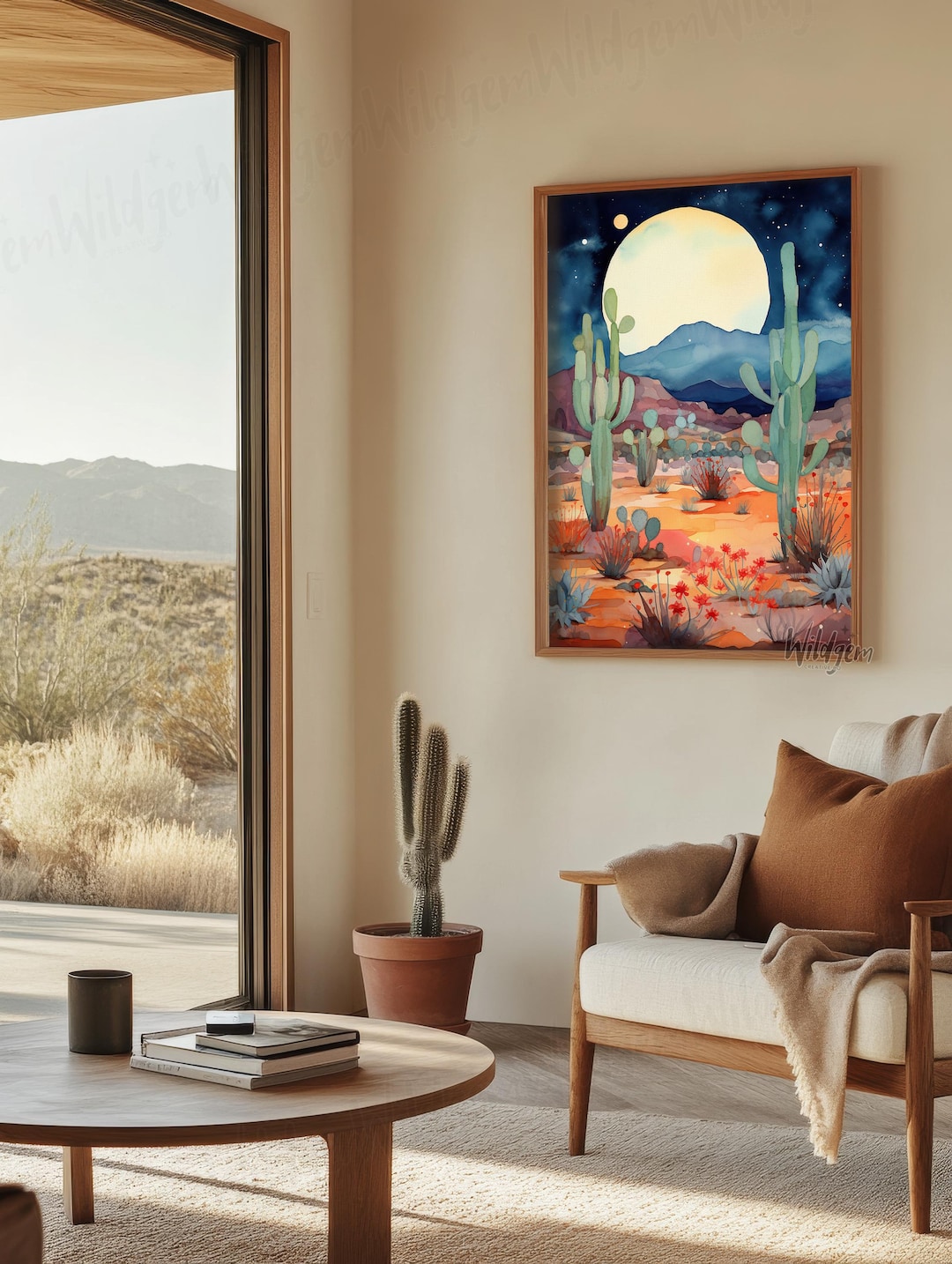 Moonrise Desert Cactus Poster – Watercolor Landscape Wall Art Print ...