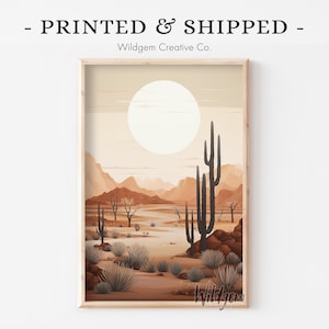Großes Kaktus Poster | Minimalistische südwestliche Wüstenlandschaft, Wandkunst, warme Erdtöne, westliches Schlafzimmerdekor, minimales Geschenk für Sie