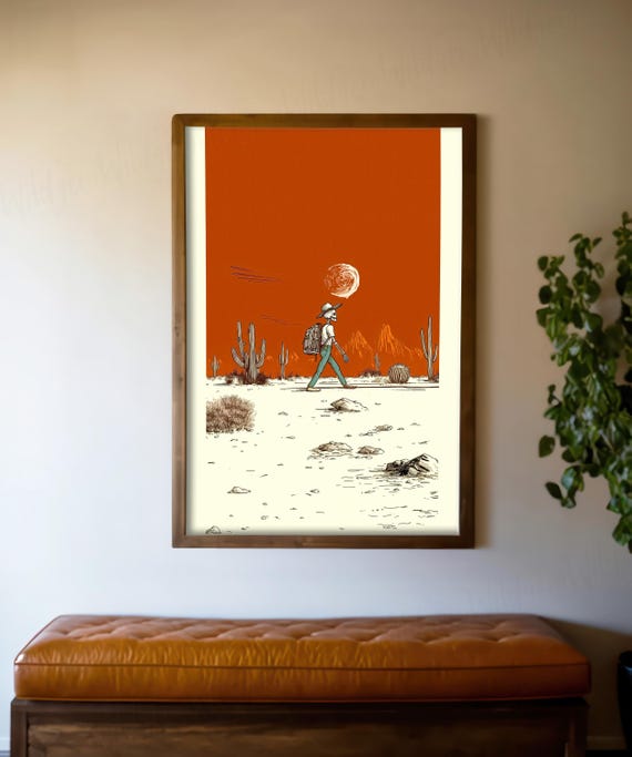Skeleton Desert Poster | Western Dark Academia Wall Art with Burnt Sienna Sky, Surreal Sun and Cactus Landscape, Cowboy Print for Gift