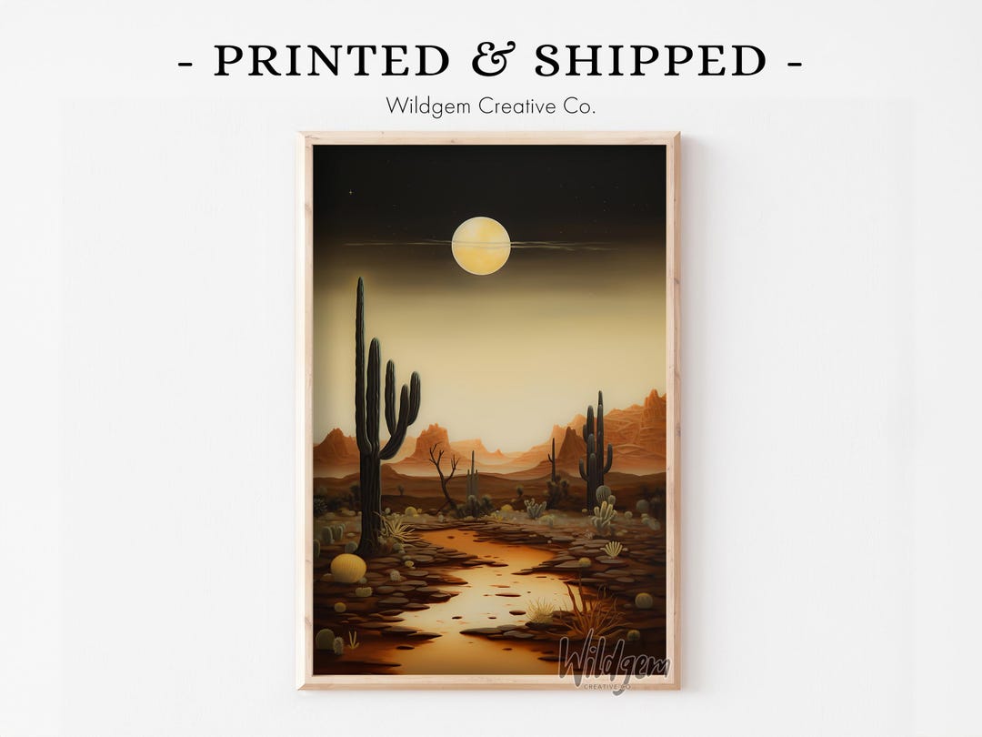 Full Moon Phase Desert Landscape Wall Art | Western Southwestern Cactus ...