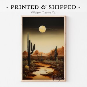 Vollmond Phase Wüste Landschaft Wand Kunst | Western Southwestern Kaktus Druck, dunkler Nachthimmel, großes Schlafzimmer Poster, warme Farben