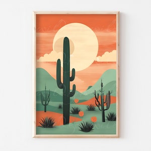 Großer Kaktus Posterdruck - Südwestliches Schlafzimmerdekor, Boho Kaktus druckbare Wandkunst, Mid Century Modern Wüstendruck, Wüstenwohndekor