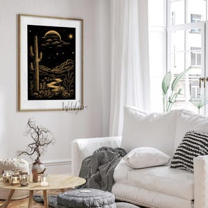 The artwork styled in a light, airy living room with a white sofa, modern rustic accents, and soft natural lighting.