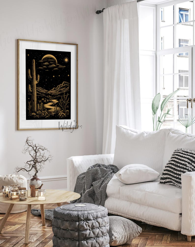 The artwork styled in a light, airy living room with a white sofa, modern rustic accents, and soft natural lighting.
