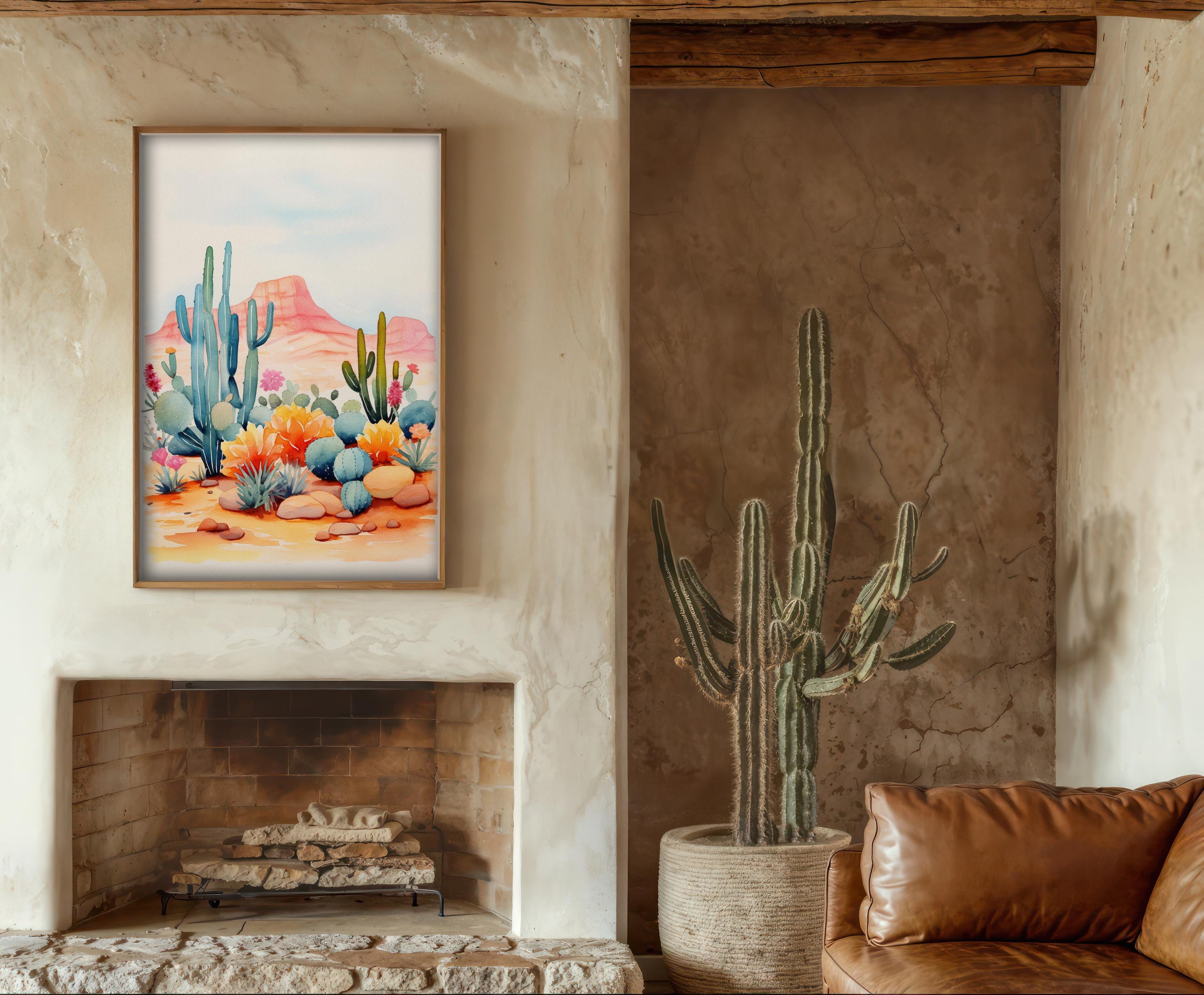 Desert Cactus Wildflower Poster – Watercolor Landscape Wall Art Print ...