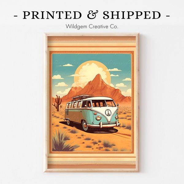 Vintage VW Bus Print Retro Car Poster -  VW Bus Decor Gift - 1970s Retro Wall Art Prints -  70s Retro Desert Poster - Mid-Century Home Decor