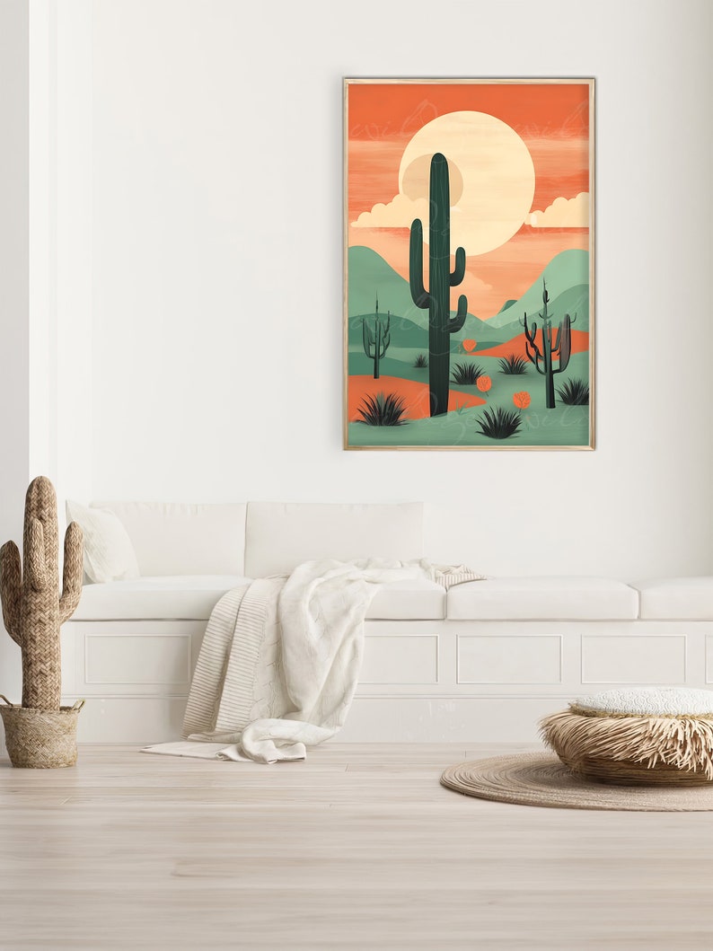 Large Cactus Poster Boho Desert Print Boho Bedroom Decor, Southwestern Desert Original Wall Art, Mid Century Modern Wall Print Home Decor image 4