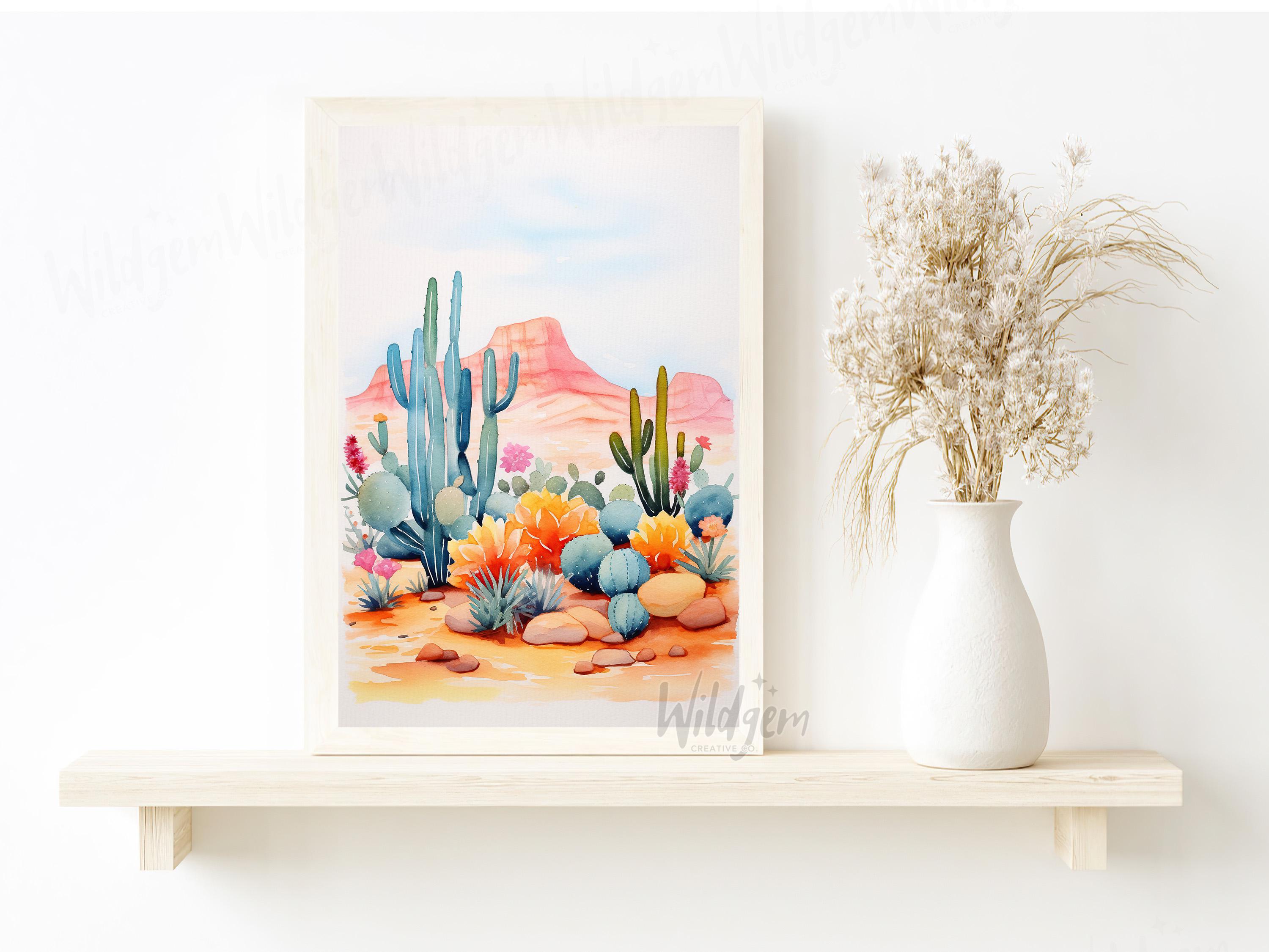 Desert Cactus Wildflower Poster – Watercolor Landscape Wall Art Print ...