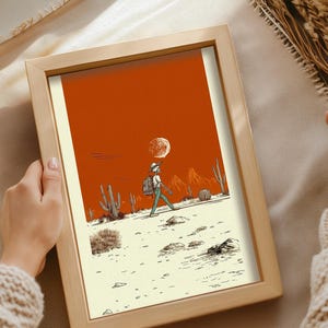 Skelett Wüste Poster | Western Dark Academia Wandkunst mit Sienna Himmel, surrealer Sonne und Kaktuslandschaft, Cowboy Druck für Geschenk