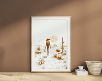 Skeleton Cowboy Poster | Western Gothic Desertcore Wall Art with Cactus, Surreal Sun and Bones in Sand, Print for Home, Dorm or Gift for Him