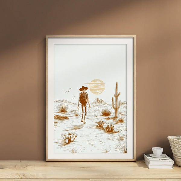 Pôster de esqueleto de cowboy | Arte de parede gótica ocidental do deserto com cacto, sol surreal e ossos na areia, impressão para casa, dormitório ou presente para ele