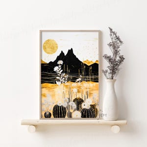 A smaller framed version of the artwork styled on a clean white floating shelf beside a ceramic vase with dried lavender.