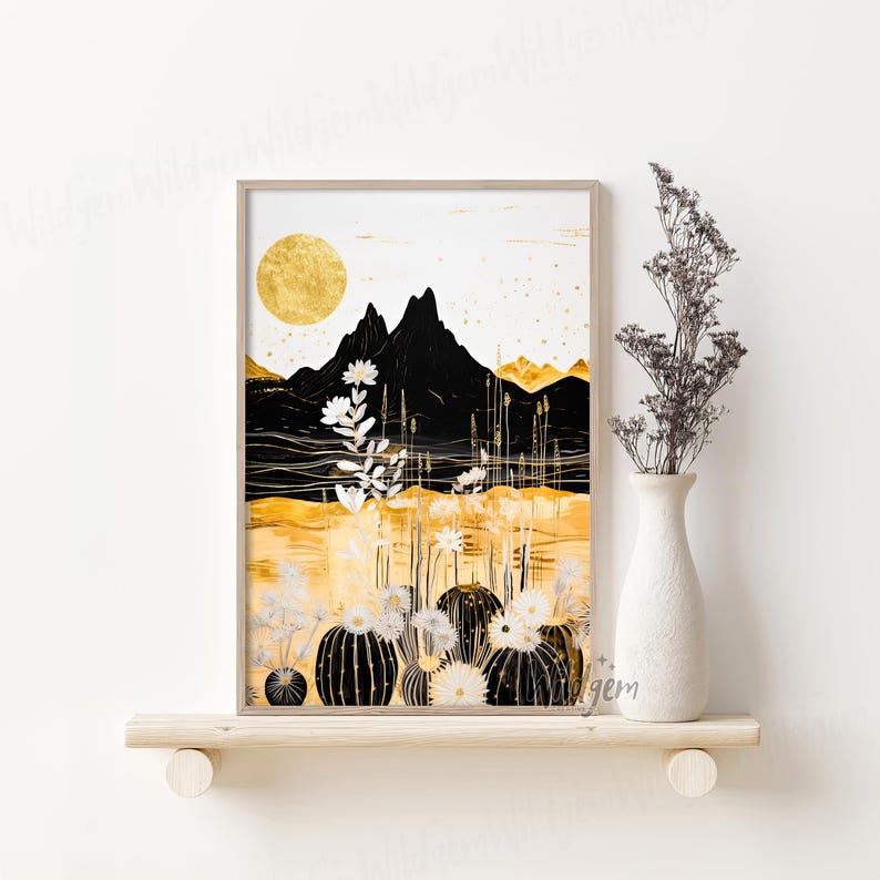 A smaller framed version of the artwork styled on a clean white floating shelf beside a ceramic vase with dried lavender.