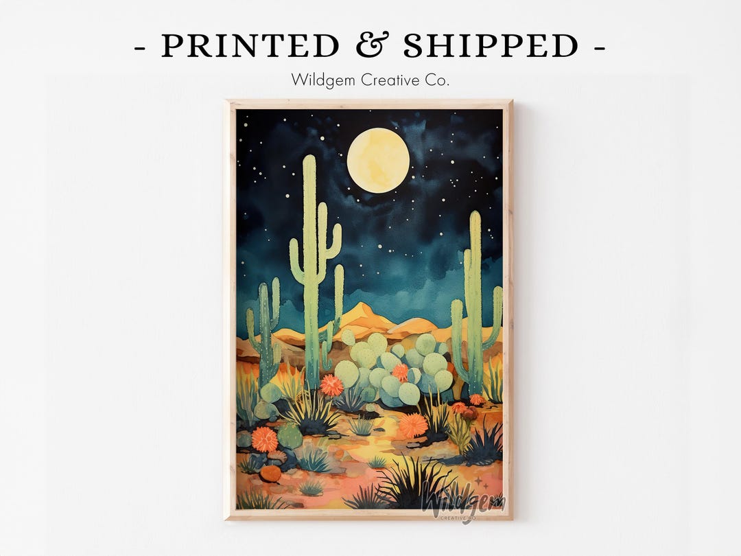 Moonlit Desert Cactus Poster – Watercolor Night Sky Wall Art Print ...