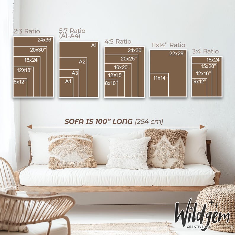 Visual print sizing guide above a 100” long couch in a neutral boho living room, showing all available size formats for easy customer reference.