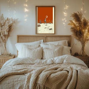 Boho Skeleton Poster hung above a traditional southwestern fireplace with red-toned adobe walls, rustic accents, and cozy leather seating.