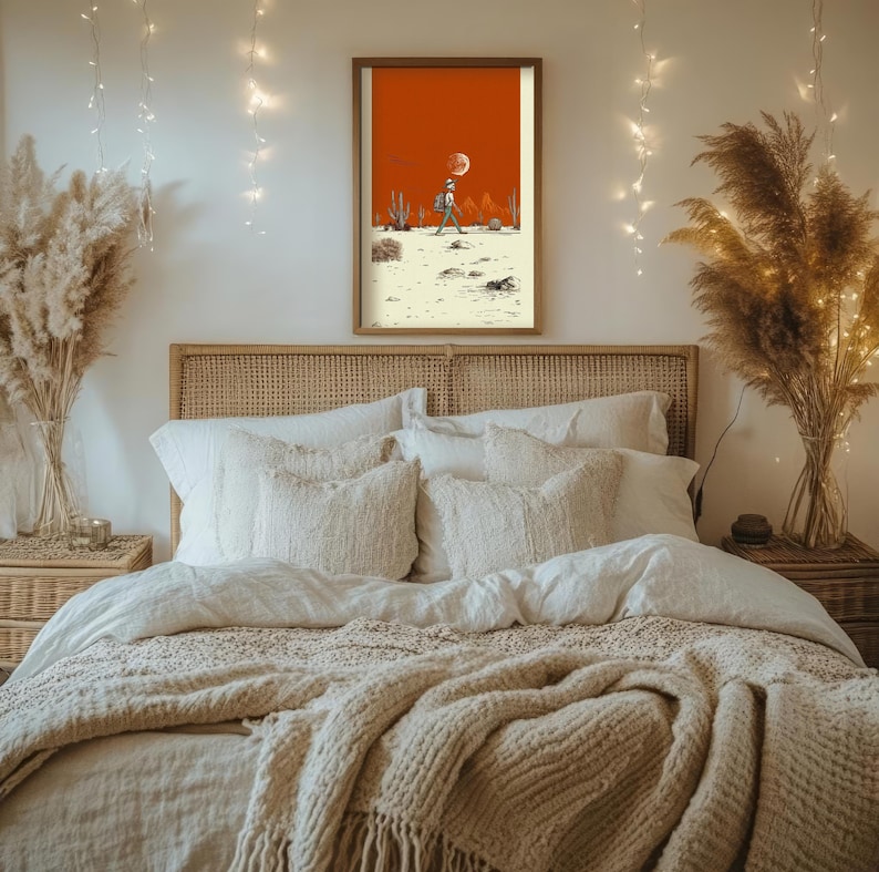Boho Skeleton Poster hung above a traditional southwestern fireplace with red-toned adobe walls, rustic accents, and cozy leather seating.