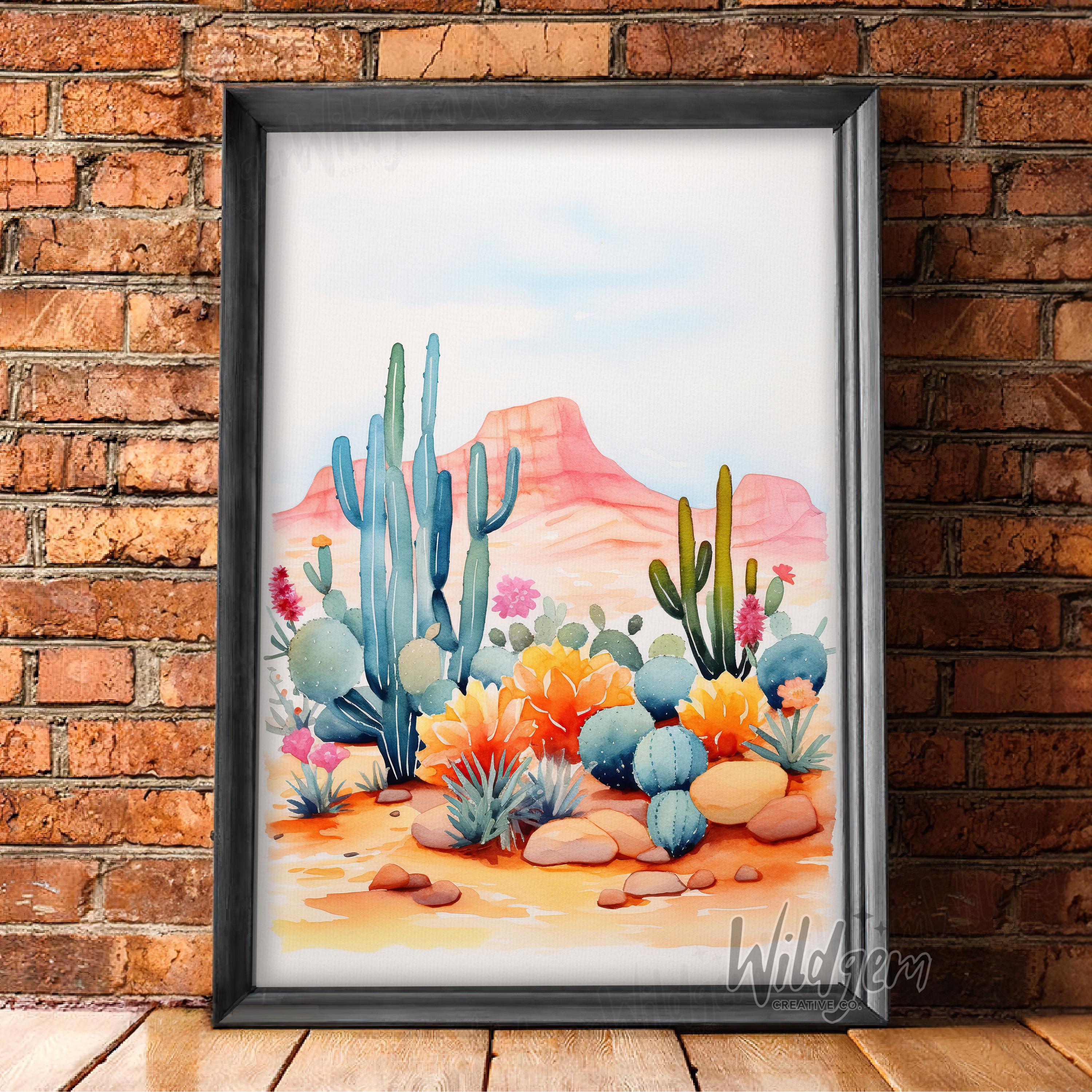 Desert Cactus Wildflower Poster – Watercolor Landscape Wall Art Print ...
