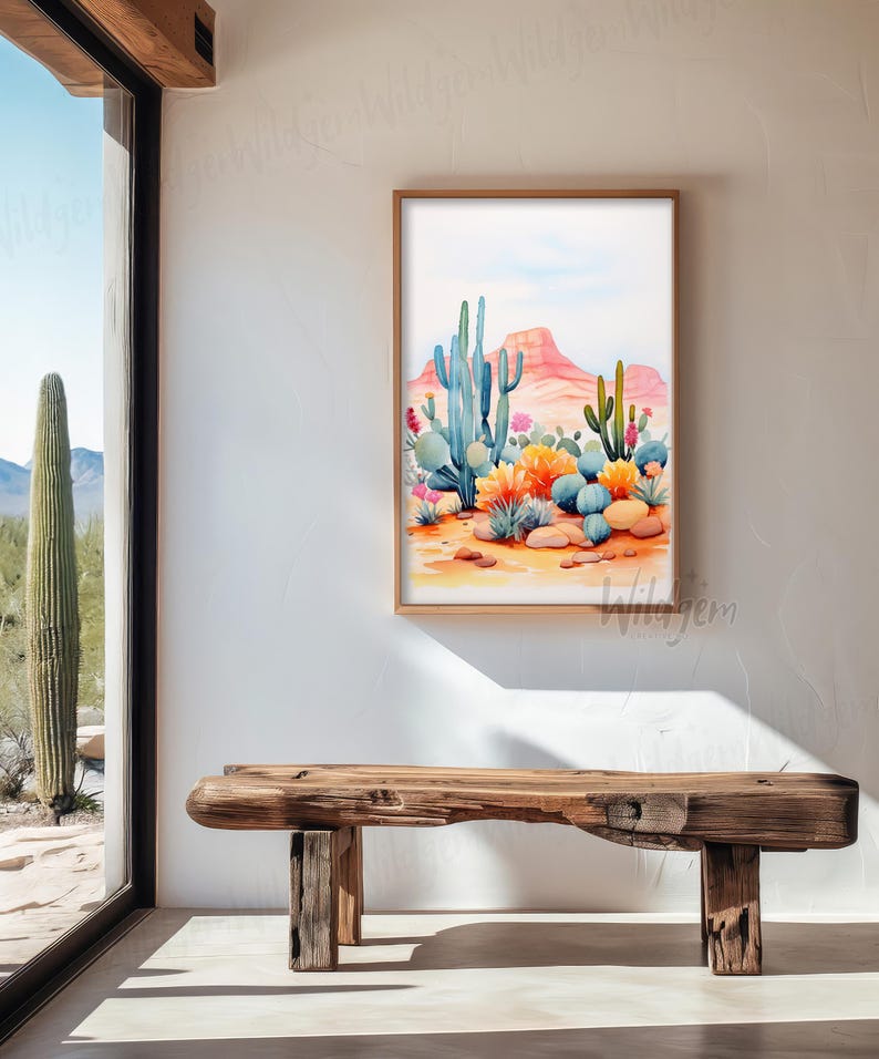 Desert Cactus Wildflower Poster – Watercolor Landscape Wall Art Print ...