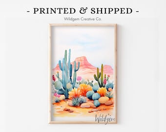 Desert Cactus Wildflower Poster – Watercolor Landscape Wall Art Print – Boho Southwestern Art for Modern Earthy Home Decor