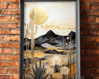 May include: A framed print of a desert landscape with a golden sun, black mountains, and cacti. The print features a watercolor style with gold accents and white flowers.
