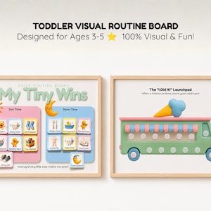 Puede incluir: Dos tableros de rutina visual enmarcados para niños. El tablero izquierdo, titulado My Tiny Wins, presenta secciones de Sun Time y Moon Time con iconos de tareas diarias. El tablero derecho, The I Did It! Launchpad, muestra un autobús verde con helado.