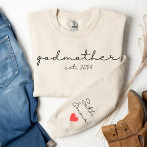 Custom Godmother With Kid Names and Heart Sweatshirt God Mother Sweatshirt God Mother Gift Godmother Proposal Crewneck Mother&#39;s Day Gift