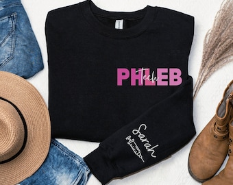 Sudadera personalizada con nombre de Phleb Tech Camiseta personalizada con nombre de Phleb Tech Regalo para flebotomistas Regalo de agradecimiento para enfermeros Técnico en flebotomía Cuello redondo