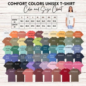 May include: A display of Comfort Colors unisex t-shirts in various colors, including white, melon, and navy. The image includes a color and size chart with measurements in inches, showing width and length for sizes S to 4XL.
