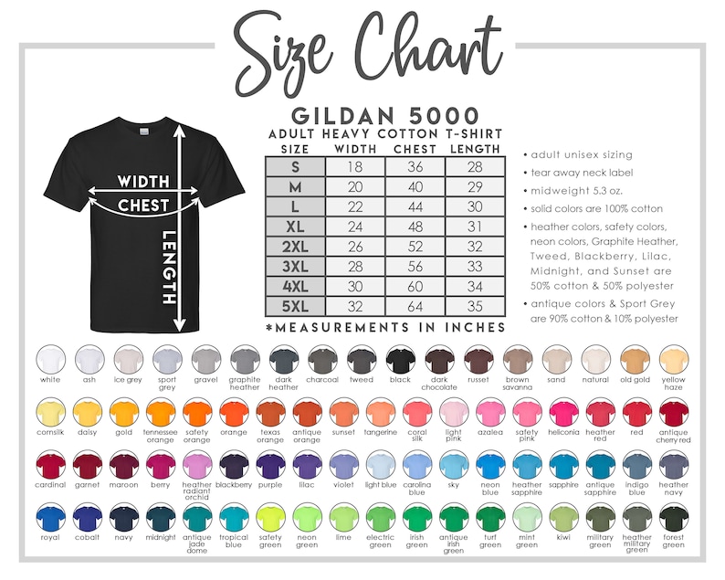 Puede incluir: Tabla de tallas para camisetas de algod&oacute;n pesado para adultos Gildan 5000. La tabla muestra las medidas de ancho, pecho y largo en pulgadas para las tallas S a 5XL. La tabla tambi&eacute;n incluye informaci&oacute;n sobre la composici&oacute;n de la tela para diferentes colores.