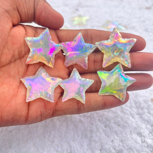 25 Pcs Bulk Angel Aura Quartz Star, Crystal Crescent Star, Aura Quartz HandMade Arrowheads, Angle Aura Necklace, Rainbow Aura  Agate Star