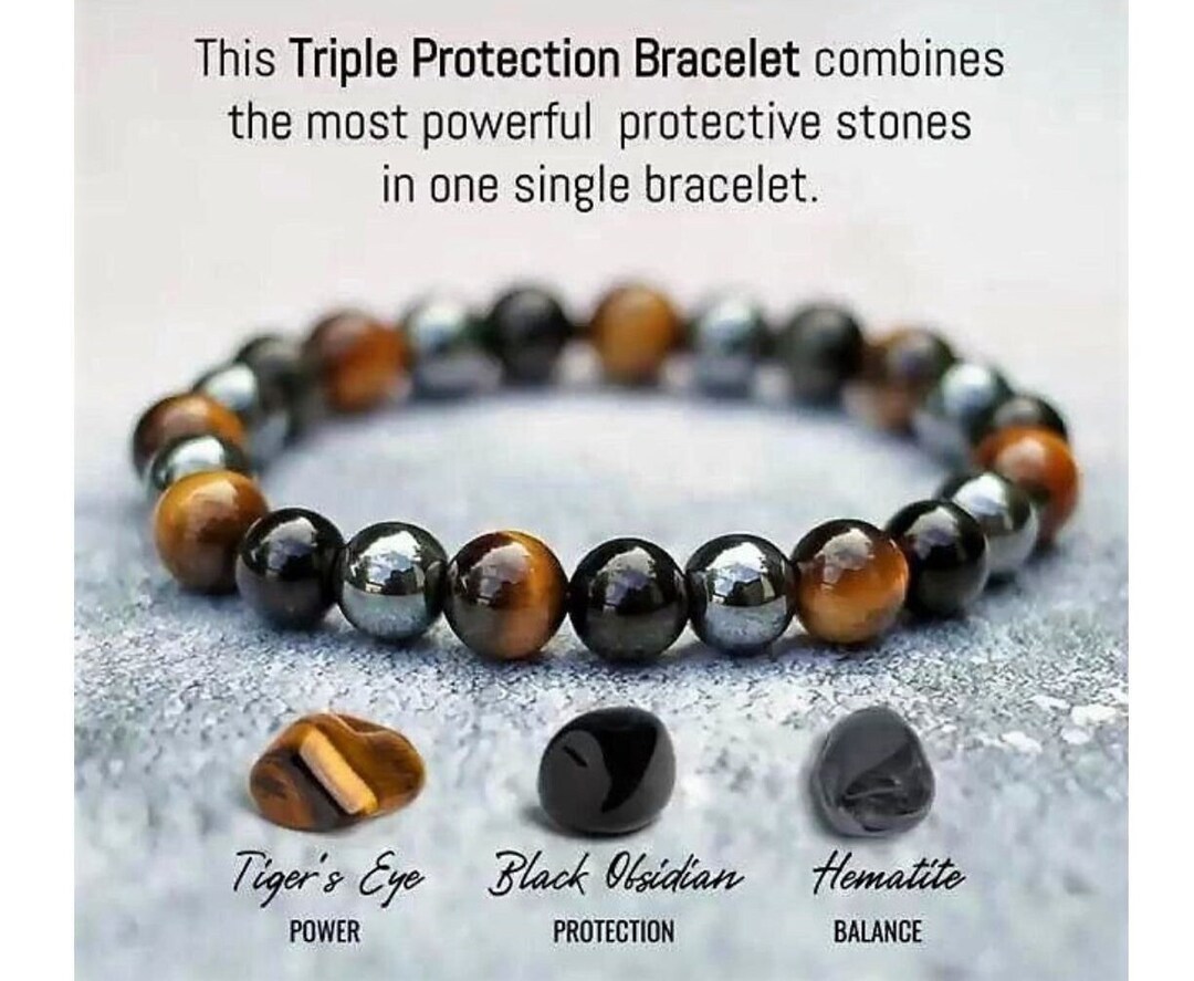 Triple Protection Bracelet Set: Tiger Eye, Black Obsidian, Hematite Gemstone - E
