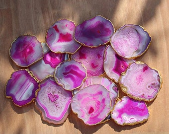 Baby Pink Agate Coaster Set With Gold Toned Edge, Pink With Gold Edge Coaster Set, Pink Agate Geode Slice Handmade for Gifts and Home Decor