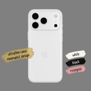 Puede incluir: Una funda de teléfono transparente y ultrafina con diseño minimalista, que incluye un recorte para triple cámara y el logo de Apple en el centro. El texto dice: ultrathin case minimalist design, white, black, rosé gold.