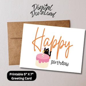 Carte de voeux d'anniversaire imprimable avec chat noir / Jolie carte d'anniversaire de chat noir